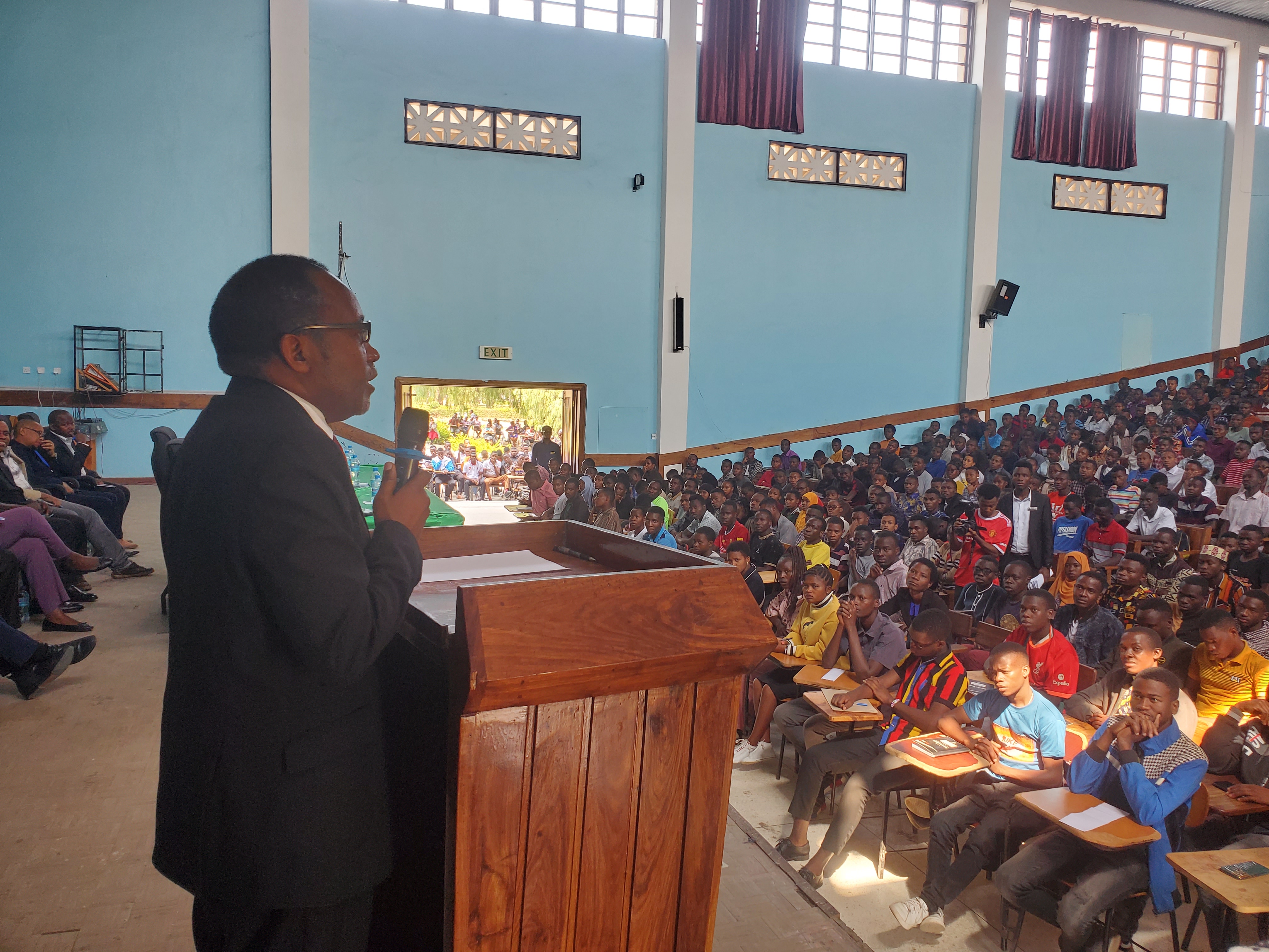 The Vice Chancellor of Mbeya University of Science and Technology, Prof. Aloys Mvuma, addresses the first-year Students during the VC'S Day at Nyerere Hall on 16th November 2022.
